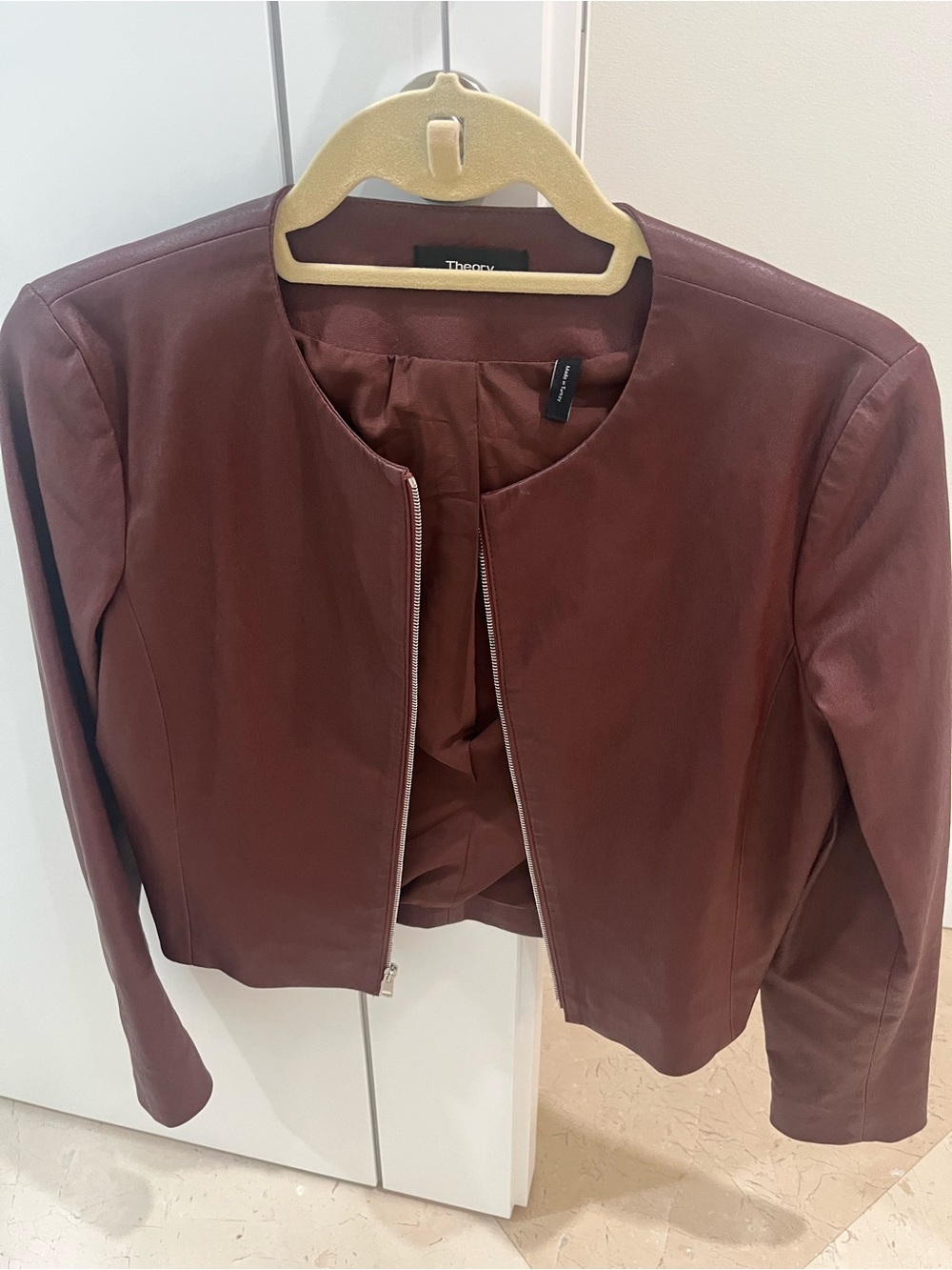 Theory Womens Rust-Brown Leather Collarless Zip Jacket